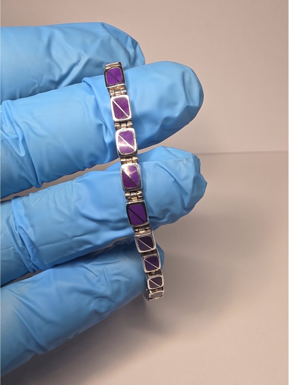 Sterling Silver Southwestern Link Bracelet with Lab Sugilite Inlay about 7inch